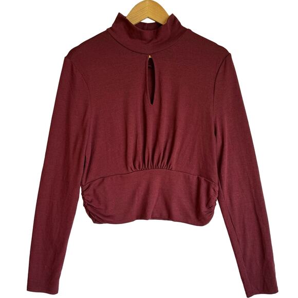 Mock Turtleneck Long Sleeve Top Womens XL Claret Red Dark Academia Keyhole - Picture 1 of 12